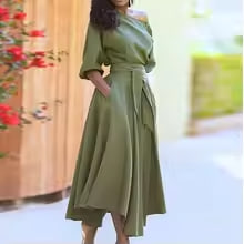 Women's off-shoulder midi dress with waist belt, wide sleeves and irregular hem to hide the tummy, casual A-line summer dress with pocket.