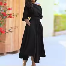 Women's off-shoulder midi dress with waist belt, wide sleeves and irregular hem to hide the tummy, casual A-line summer dress with pocket.