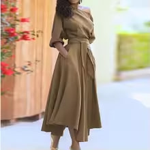 Women's off-shoulder midi dress with waist belt, wide sleeves and irregular hem to hide the tummy, casual A-line summer dress with pocket.