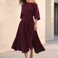 Women's off-shoulder midi dress with waist belt, wide sleeves and irregular hem to hide the tummy, casual A-line summer dress with pocket.